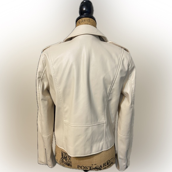 Women's Cream Faux Leather Biker Jacket - Picture 4 of 12